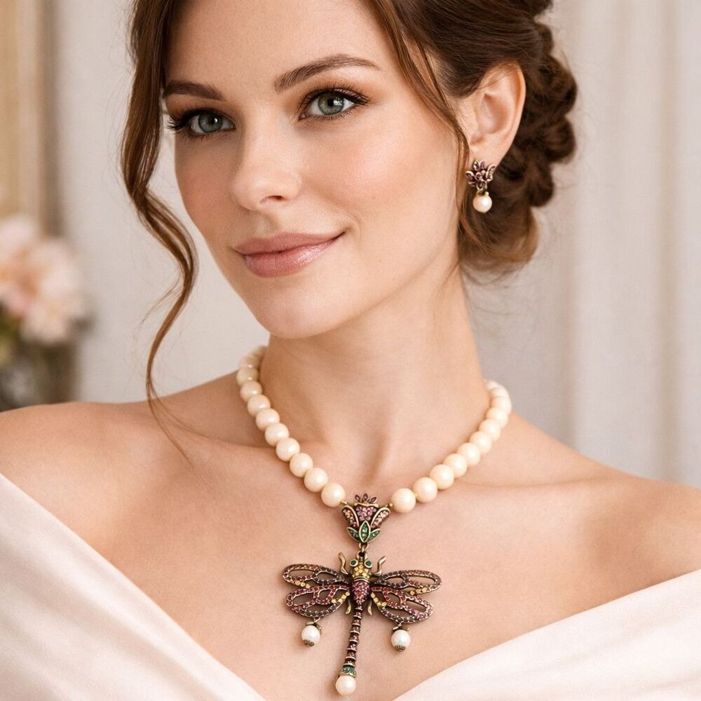 Heidi Daus Dragonfly Necklace & Earrings Set Swarovski Crystals Boxed Vintage